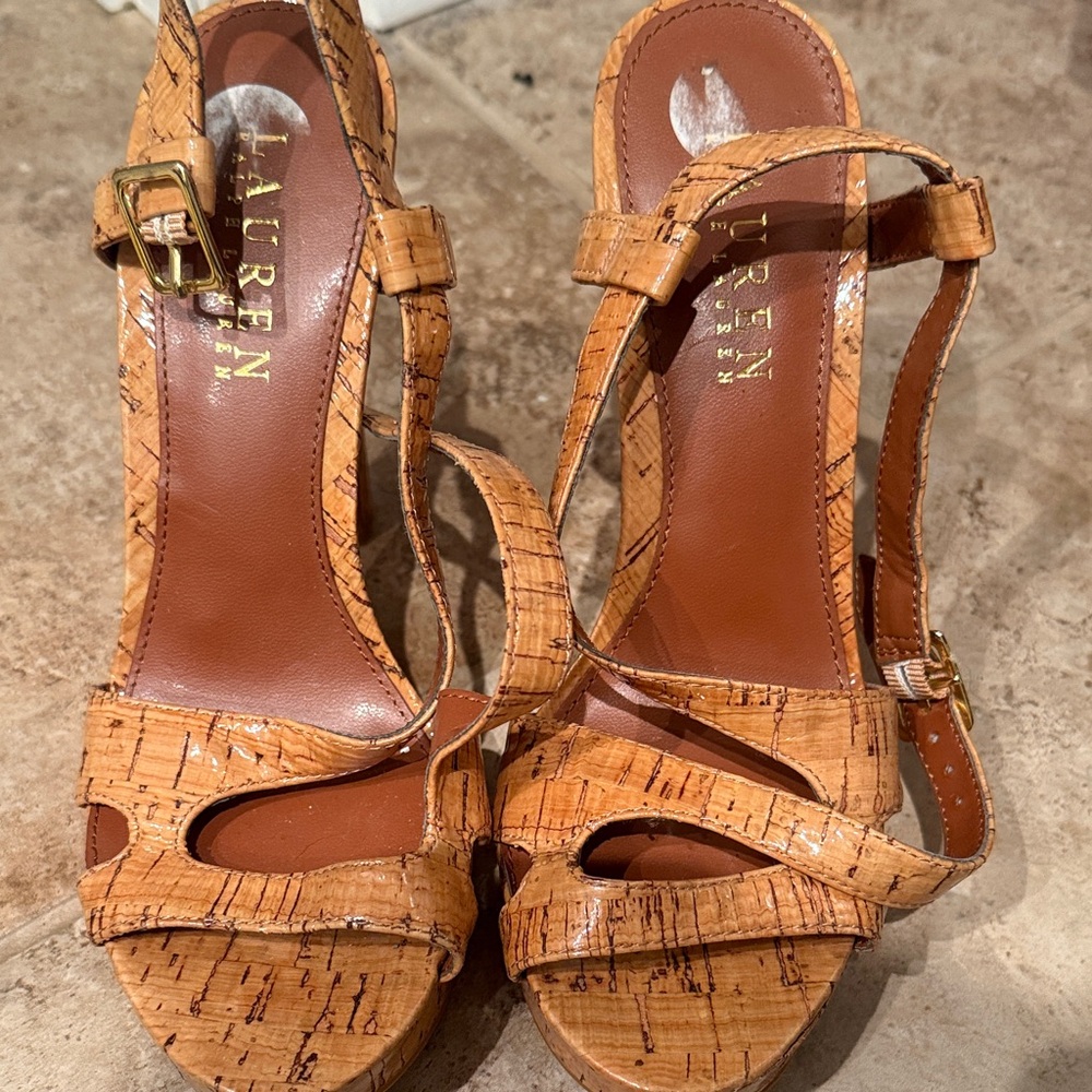 Ralph Lauren Tan Cork Heeled Sandals